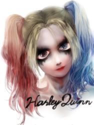 Rule 34 | 1girl, blonde hair, blue hair, creepy, dc comics, harley quinn, lipstick, makeup, multicolored hair, red hair, suicide squad, twintails