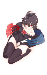 Rule 34 | 1girl, asymmetrical wings, bad id, bad pixiv id, bare shoulders, between legs, black dress, black hair, black thighhighs, blush, breasts, collarbone, dress, from above, full body, hand between legs, highres, houjuu nue, looking at viewer, medium breasts, non (z-art), off shoulder, red eyes, ribbon, short hair, simple background, sitting, skindentation, solo, thick thighs, thighhighs, thighs, touhou, white background, wings