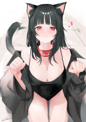 Rule 34 | 1girl, :3, absurdres, animal ears, august., blurry, blurry background, blush, breasts, cat ears, cat tail, cleavage, clenched hands, collar, covered erect nipples, covered navel, depth of field, from above, full-face blush, gluteal fold, heart, highres, large breasts, leotard, long hair, looking at viewer, mole, mole on breast, off shoulder, original, paw pose, red eyes, solo, tail