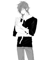 Rule 34 | 1boy, alternate costume, animal, black shirt, cat, closed eyes, closed mouth, collarbone, cowboy shot, greyscale, hair over one eye, highres, holding, holding animal, holding cat, long sleeves, male focus, medium hair, monochrome, ookurikara, pants, petting, shirt, simple background, sketch, sleeves rolled up, solo, standing, touken ranbu, vient, white background, white cat
