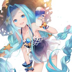 Rule 34 | 1girl, :d, bare shoulders, blue dress, blue eyes, blue hair, braid, brown hat, collarbone, commentary request, cup, dress, flower, food, forehead, granblue fantasy, hair flower, hair ornament, hat, holding, holding cup, ice cream, ice cream float, leaning forward, long hair, looking at viewer, lyria (daughter of pearl) (granblue fantasy), lyria (granblue fantasy), open mouth, parted bangs, shell hair ornament, shinia, single wrist cuff, sleeveless, sleeveless dress, smile, solo, starfish, starfish hair ornament, straw hat, teeth, twin braids, upper teeth only, very long hair, white background, white flower, wrist cuffs