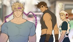 Rule 34 | 1girl, 2boys, abs, battle tendency, belt, biceps, bisexual male, blonde hair, blurry, blurry background, breasts, brown hair, caesar anthonio zeppeli, catneylang, closed eyes, closed mouth, collarbone, distracted boyfriend (meme), earrings, facial mark, feather hair ornament, feathers, flower, from behind, furrowed brow, gloves, green eyes, hair ornament, hat, hat flower, headband, headwear request, highres, holding hands, jewelry, jojo no kimyou na bouken, joseph joestar, joseph joestar (young), looking at another, looking back, meme, midriff, multiple boys, open mouth, polka dot, red flower, rose, shirt, sleeveless, suzi q, t-shirt, tank top, toned, toned male, white headwear
