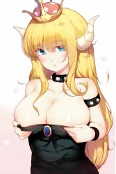 Rule 34 | 1girl, :o, armlet, bare shoulders, black dress, black nails, blonde hair, blue eyes, blush, bowsette, bracelet, breasts, cleavage, collar, dress, eyes visible through hair, hair down, hair over eyes, horns, jewelry, kimoshi, large breasts, long hair, looking at viewer, mario (series), nail polish, new super mario bros. u deluxe, nintendo, parted lips, solo, spiked armlet, spiked bracelet, spiked collar, spikes, strapless, strapless dress, super crown, undressing, upper body, very long hair