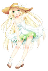 Rule 34 | 1girl, :d, absurdres, ankle lace-up, arm up, armpits, bad id, bad pixiv id, bare legs, bare shoulders, blonde hair, blush, borrowed character, collarbone, cross-laced footwear, dress, etou (cherry7), flat chest, green eyes, hair ribbon, hand on headwear, hand on thigh, hat, hat ribbon, highres, long hair, looking at viewer, open mouth, original, personification, ribbon, sandals, simple background, smile, solo, sun hat, sundress, tachibana honori, tattoo, white background