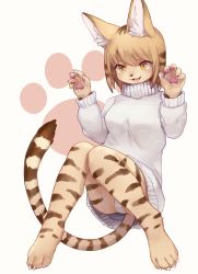 Rule 34 | 1girl, animal ear fluff, animal ears, animal nose, blonde hair, blush, body fur, breasts, cat, cat ears, cat girl, cat tail, claws, commentary request, erumeruta, furry, furry female, highres, knees together feet apart, looking away, medium breasts, open mouth, original, panties, panty peek, paw pose, pawpads, simple background, slit pupils, solo, striped fur, sweater, tail, underwear, white background, white fur, white panties, white sweater, yellow eyes