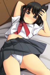 Rule 34 | 1girl, absurdres, arm behind head, arm up, black hair, black sailor collar, black skirt, blush, breasts, brown eyes, cameltoe, cellphone, closed mouth, frown, hand up, highres, holding, holding phone, indoors, looking at viewer, lying, matsunaga kouyou, nose blush, on back, original, panties, pantyshot, phone, phone with ears, pleated skirt, polka dot, polka dot panties, red neckwear, sailor collar, school uniform, serafuku, shirt, short sleeves, skirt, small breasts, solo, twintails, underwear, white hair, white panties, white shirt