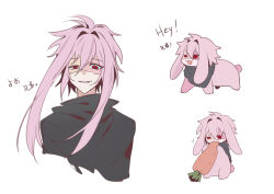 Rule 34 | 1boy, animalization, black capelet, capelet, chinese commentary, commentary request, hair between eyes, hair intakes, looking at viewer, male focus, nijou ryuu, patchwork skin, pink hair, rabbit, red eyes, saibou shinkyoku, short hair with long locks, simple background, smile, translation request, uneven eyes, white background, yin xing luanma