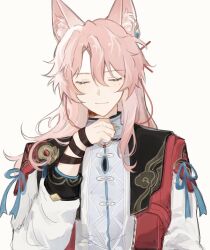 Rule 34 | 1boy, absurdres, animal ear fluff, animal ear piercing, animal ears, chinese clothes, closed eyes, commentary, facing viewer, fox ears, highres, honkai: star rail, honkai (series), jacket, jiaoqiu (honkai: star rail), long hair, male focus, messy hair, miri (akayones), pink hair, red jacket, shirt, simple background, smile, solo, symbol-only commentary, upper body, white background, white shirt