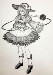 Rule 34 | 1girl, absurdres, adapted costume, blush, bow, choker, commentary request, flower, greyscale, hat, hat bow, hat flower, highres, komeiji koishi, loafers, long sleeves, mashimashi, monochrome, no socks, open mouth, shoes, short hair, skirt, solo, standing, third eye, touhou, traditional media