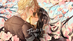 Rule 34 | 1boy, 1girl, artist name, black hair, black shirt, blonde hair, blush, branch, closed mouth, commentary, dated, english commentary, facing another, flower, hair between eyes, hand on another&#039;s face, hetero, highres, kobutanori, long hair, milestone celebration, original, shirt, short sleeves, smile, thank you, white flower