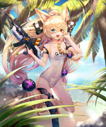 Rule 34 | 1girl, absurdres, animal ears, arm strap, assault rifle, between legs, black bow, black gloves, blonde hair, blue eyes, blue sky, blush, bow, braid, breasts, checkered bow, checkered clothes, cloud, collarbone, covered navel, cowboy shot, day, fang, from side, g41 (beach punk 2064) (girls&#039; frontline), g41 (girls&#039; frontline), girls&#039; frontline, gloves, gluteal fold, gun, h&amp;k g41, hair between eyes, hair bobbles, hair bow, hair ornament, hair ribbon, hand between legs, heterochromia, highres, holding, holding gun, holding weapon, ita (itta), leaf, leg up, light rays, long hair, looking at viewer, low-tied long hair, low twintails, name tag, neon trim, official alternate costume, old school swimsuit, one-piece swimsuit, open mouth, outdoors, palm tree, purple ribbon, red eyes, ribbon, rifle, school swimsuit, shade, side braid, signature, single braid, sky, small breasts, solo, standing, sunbeam, sunlight, swimsuit, thigh strap, thighs, tree, twintails, very long hair, wading, water, weapon, wet, white bow, white one-piece swimsuit, white school swimsuit