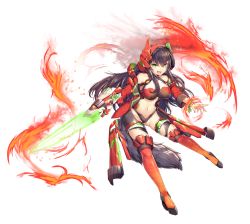 Rule 34 | 1girl, armor, arms at sides, bare shoulders, bikini armor, bracelet, breasts, brown hair, collarbone, commentary request, fire, floating, full body, green eyes, highres, holding, holding weapon, holster, jacket, jewelry, large breasts, legs apart, long hair, looking at viewer, mikomachi (35machi), navel, off shoulder, open mouth, original, plasma sword, pointing, red jacket, red legwear, simple background, solo, tail, thigh holster, transparent background, weapon, wolf tail