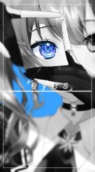 Rule 34 | 1girl, absurdres, ascot, blue background, blurry, blush, choker, collared shirt, commentary, depth of field, english text, eye focus, eyelashes, finger frame, gloves, greyscale, hair between eyes, highres, hololive, hoshimachi suisei, looking at viewer, medium hair, monochrome, partially fingerless gloves, portrait, shirt, side ponytail, simple background, solo, spot color, star (symbol), star choker, star in eye, symbol in eye, virtual youtuber, wing collar, yuuyu (moco20111115)