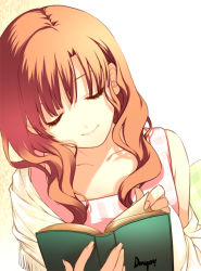 Rule 34 | 1girl, bad id, bad pixiv id, book, brown hair, eyelashes, closed eyes, leaning to the side, long hair, open book, original, reading, shirahane nao, smile, solo, wavy hair