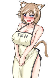 Rule 34 | 1girl, animal ears, apron, bare shoulders, blue eyes, blush, breasts, brown hair, cat ears, cat tail, cleavage, covered erect nipples, highres, large breasts, rynith, lyrical nanoha, mahou shoujo lyrical nanoha innocent, mitsurugi tsurugi, naked apron, open mouth, short hair, solo, syonnaka, tail, teeth, white background