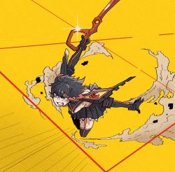 Rule 34 | 1girl, action, angry, black gloves, black skirt, black thighhighs, blue eyes, breasts, clenched teeth, commentary request, dust cloud, elbow gloves, foreshortening, gloves, han gong, highres, holding, holding sword, holding weapon, incoming attack, kill la kill, korean commentary, living clothes, matoi ryuuko, medium breasts, medium hair, midair, multicolored hair, pleated skirt, revealing clothes, scissor blade (kill la kill), senketsu, skirt, solo, streaked hair, sword, teeth, thighhighs, two-tone hair, v-shaped eyebrows, weapon