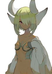 Rule 34 | 1girl, animal ears, bare shoulders, breasts, closed mouth, commentary, dark skin, dark-skinned female, expressionless, green hair, hair over one eye, hands in opposite sleeves, horns, kibadori rue, long sleeves, looking at viewer, navel, off shoulder, one eye closed, original, out-of-frame censoring, purple eyes, revealing clothes, short hair, simple background, small breasts, solo, standing, white background