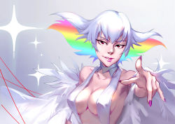Rule 34 | 10s, 1girl, absurdres, bare shoulders, breasts, cleavage, collarbone, dress, female focus, foreshortening, full body, highres, kill la kill, kiryuuin ragyou, large breasts, mi lu-zi, mature female, multicolored hair, nail polish, purple nails, rainbow gradient, rainbow hair, red eyes, smile, solo, sparkle, white dress, white hair