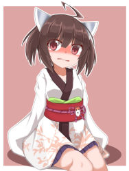Rule 34 | 1girl, ahoge, ao (aoblueao), blue skirt, blush, brown background, brown hair, commentary request, hair between eyes, headgear, headphones, japanese clothes, kimono, long sleeves, looking at viewer, nose blush, obi, outline, parted lips, pleated skirt, red eyes, sash, short hair, short kimono, skirt, sleeves past fingers, sleeves past wrists, solo, tears, touhoku kiritan, twintails, two-tone background, voiceroid, white background, white kimono, white outline