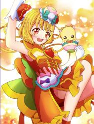 Rule 34 | 1girl, 1other, bike shorts under skirt, blonde hair, brooch, bun cover, chinese clothes, cure yum-yum, delicious party precure, dragon, earrings, gloves, gradient background, hair bun, hanamichi ran, heart, heart brooch, huge bow, jewelry, long hair, looking at viewer, magical girl, mem-mem (precure), open mouth, precure, red hair, sakihi, smile, triple bun, white gloves, white stripes, yellow background, yellow eyes