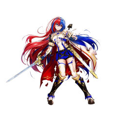 Rule 34 | 1girl, alear (female) (fire emblem), alear (fire emblem), amagai tarou, armor, blue eyes, blue hair, braid, breasts, cape, crossed bangs, crown braid, fire emblem, fire emblem engage, heterochromia, holding, holding sword, holding weapon, liberation (fire emblem), long hair, looking at viewer, medium breasts, multicolored hair, nintendo, official art, red eyes, red hair, smile, solo, split-color hair, sword, thigh strap, thighhighs, thighs, tiara, torn clothes, two-tone hair, very long hair, weapon