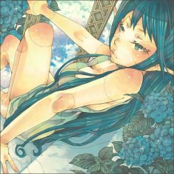 Rule 34 | 1girl, bare arms, blue eyes, blue hair, body blush, expressionless, flower, from above, hydrangea, lowres, matching hair/eyes, original, pointy ears, shabon, solo