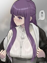 Rule 34 | 1girl, batsu, black coat, blunt bangs, blush, breasts, coat, collar, commentary, dress, fern (sousou no frieren), frilled collar, frills, grey background, highres, hot, large breasts, long hair, off shoulder, open clothes, open coat, parted lips, purple hair, sidelocks, simple background, solo, sousou no frieren, steaming body, straight hair, sweat, thought bubble, translated, twitter username, upper body, white dress