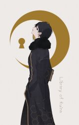 Rule 34 | 1girl, binah (project moon), black coat, black dress, black eyes, black hair, book, chyari, coat, company logo, copyright name, dress, earrings, full body, hands in pockets, head tilt, hexagon print, holding, holding book, jewelry, library of ruina, lobotomy corporation, parted lips, project moon, simple background, solo, white background