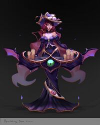 Rule 34 | 1girl, bare shoulders, black dress, breasts, brown background, candle, dress, extra eyes, freckles, gradient background, green eyes, highres, holding, holding instrument, instrument, juliet sleeves, large breasts, league of legends, long hair, long sleeves, looking at viewer, pointy ears, puffy sleeves, purple dress, purple headwear, red hair, renjj7 (renn), solo, sona (league of legends), white dress