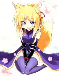 Rule 34 | 10s, 1girl, animal ear fluff, animal ears, bad id, bad pixiv id, bare shoulders, black thighhighs, blonde hair, blue eyes, blush, breasts, cherry blossoms, dog days, fingerless gloves, fox ears, fox tail, gloves, long hair, nanashin naomi, open mouth, ponytail, sitting, smile, solo, tail, thighhighs, v arms, wariza, yukikaze panettone, zettai ryouiki