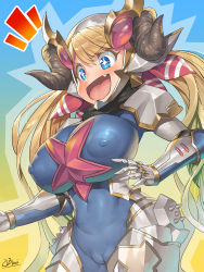 Rule 34 | 1girl, :d, armor, blonde hair, blue eyes, blush, bodysuit, breasts, cameltoe, covered navel, draph, covered erect nipples, fang, gauntlets, granblue fantasy, hallessena, helmet, highres, horns, large breasts, long hair, obui, open mouth, skin tight, smile, tongue