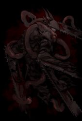 Rule 34 | black background, blood, blood splatter, bloody weapon, chainsaw, chainsaw devil, chainsaw man, dark, dark background, extra arms, facing back, highres, horns, intestines, nakano (2 mannaka), no eyes, sharp teeth, single horn, solo, spikes, teeth, weapon