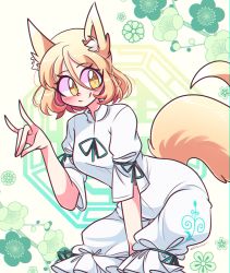Rule 34 | 1girl, animal ear fluff, animal ears, blonde hair, blush, breasts, cropped legs, floral background, fox ears, fox shadow puppet, fox tail, green background, green ribbon, hair between eyes, highres, kudamaki tsukasa, littlecloudie, looking to the side, medium breasts, octagon, ribbon, romper, slit pupils, smile, solo, squatting, tail, touhou, unconnected marketeers, white sleeves, yellow eyes