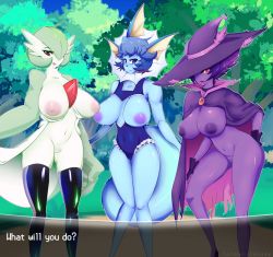 Rule 34 | blue hair, breasts, creatures (company), game freak, gardevoir, gen 1 pokemon, gen 3 pokemon, gen 4 pokemon, highres, large breasts, mismagius, nintendo, pokemon, pokemon (creature), purple hair, swimsuit, tacohead shark, vaporeon