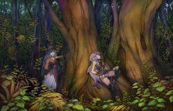 Rule 34 | 2girls, against tree, animal, armlet, asymmetrical clothes, belt, blue hair, dress, forest, gloves, green eyes, highres, leaning, long hair, multiple girls, nature, nira (niratoro), original, over-kneehighs, plant, profile, scenery, shorts, siblings, single glove, sisters, standing, thighhighs, tree, twins