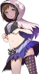Rule 34 | 1girl, adjusting clothes, bang dream!, black bow, black choker, black thighhighs, bow, brown eyes, brown hair, capelet, choker, collarbone, commentary request, crop top, hazawa tsugumi, hood, hood up, hooded capelet, midriff, navel, open mouth, partial commentary, polka dot, polka dot bow, polka dot legwear, shipii (jigglypuff), short hair, simple background, single thighhigh, skirt, solo, thighhighs, torn clothes, white background, zipper pull tab