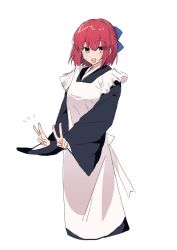 Rule 34 | 1girl, :d, apron, black kimono, blue bow, bow, cropped legs, double v, hair bow, highres, japanese clothes, kaigan0211, kimono, kohaku (tsukihime), light blush, long sleeves, maid, open mouth, red hair, short hair, simple background, smile, solo, teeth, tsukihime, upper teeth only, v, wa maid, white apron, white background, wide sleeves, yellow eyes