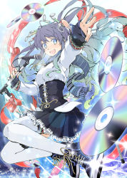 Rule 34 | 1girl, aka ringo, blue eyes, cd, corset, fingerless gloves, frilled skirt, frills, gloves, grey hair, hair ornament, long hair, long sleeves, microphone, microphone stand, open mouth, original, patterned, reaching, red ribbon, ribbon, scarf, shoes, skirt, smile, sneakers, solo, thighhighs, white thighhighs