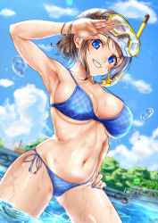 Rule 34 | 1girl, armpits, bikini, blue bikini, blue eyes, blue sky, boat, breasts, cloud, cowboy shot, day, diving mask, diving mask on head, dutch angle, goggles, goggles on head, grey hair, grin, halterneck, hand on own hip, highres, large breasts, looking at viewer, love live!, love live! sunshine!!, mountain, nail polish, navel, noir2more, outdoors, salute, short hair, side-tie bikini bottom, sky, smile, snorkel, soaking feet, solo, standing, string bikini, swimsuit, underboob, wading, watanabe you, watercraft, watermark