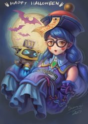 Rule 34 | &gt; &lt;, 1girl, absurdres, alternate hair length, alternate hairstyle, black-framed eyewear, blue hair, blush stickers, chinese clothes, commentary, detached sleeves, drone, fangs, full moon, glasses, happy halloween, hat, highres, jiangshi, jiangshi mei, long hair, low twintails, mei (overwatch), moon, official alternate costume, ofuda, outstretched arms, overwatch, overwatch 1, qingdai guanmao, sleeves past wrists, snowball (overwatch), solo, sommimi, twintails, yellow eyes, zombie pose