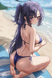 Rule 34 | 1girl, abpart, ass, beach mat, bikini, blue archive, blue bikini, blue eyes, blue halo, blurry, blurry background, blush, breasts, halo, highres, kneeling, long hair, looking at viewer, looking back, medium breasts, ocean, sidelocks, sweat, swimsuit, thighs, twintails, very long hair, yuuka (blue archive)