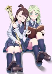 Rule 34 | 2girls, aqua eyes, blonde hair, blue legwear, blue skirt, blush, book, brown footwear, brown hair, closed eyes, diana cavendish, facing viewer, green hair, highres, holding, holding book, holding staff, inami (chiba), kagari atsuko, kneehighs, little witch academia, long hair, looking at another, mary janes, multicolored hair, multiple girls, open book, open mouth, school uniform, shiny rod (little witch academia), shoes, side-by-side, sitting, skirt, smile, socks, staff, two-tone hair, vest, yuri