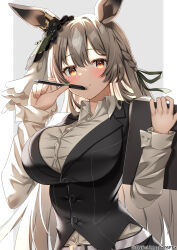 Rule 34 | 1girl, absurdres, alternate costume, animal ears, black vest, braid, breasts, brown hair, clipboard, commentary request, dress shirt, ear ornament, french braid, grey background, highres, holding, holding clipboard, holding pen, horse ears, horse girl, large breasts, long hair, long sleeves, looking at viewer, multicolored hair, pen, pen to mouth, satono diamond (umamusume), shirt, solo, streaked hair, twitter username, two-tone background, umamusume, very long hair, vest, white background, white hair, white shirt, yamano rokamizu, yellow eyes