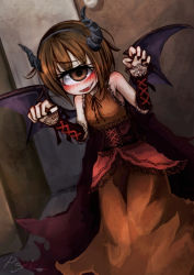 Rule 34 | 1girl, bare shoulders, black nails, blush, brown dress, brown eyes, brown hair, costume, cyclops, dress, fake horns, fangs, female focus, hairband, halloween, highres, hitomebore, horns, legs together, looking at viewer, nail polish, one-eyed, open mouth, original, ray-k, short hair, signature, smile, solo, usui sachi, wings