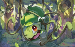 Rule 34 | bird, bright pupils, brown eyes, bulbasaur, bush, claws, commentary request, creatures (company), day, fang, forest, game freak, gen 1 pokemon, gen 2 pokemon, hoothoot, nature, nintendo, no humans, open mouth, outdoors, plankton (ganoona), plant, pokemon, pokemon (creature), tongue, tree, vines, white pupils