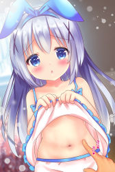 Rule 34 | 1girl, animal ears, bare shoulders, blue eyes, blue hair, blue hairband, blurry, blurry background, blush, camisole, camisole lift, chestnut mouth, clothes lift, commentary request, depth of field, dutch angle, fake animal ears, gochuumon wa usagi desu ka?, hair between eyes, hair ornament, hairband, kafuu chino, lifting own clothes, long hair, navel, out of frame, parted lips, poking, poking belly, rabbit ears, rikatan, solo focus, stomach, very long hair, white camisole, x hair ornament