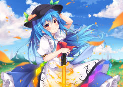 Rule 34 | 1girl, arm up, black headwear, blouse, blue hair, blue skirt, blue sky, bow, bowtie, cloud, commentary request, cowboy shot, day, flaming sword, flaming weapon, food, frilled shirt collar, frills, fruit, hair between eyes, highres, hill, hinanawi tenshi, leaf, long hair, looking at viewer, miy@, outdoors, peach, petticoat, planted, planted sword, planted weapon, puffy short sleeves, puffy sleeves, red bow, red bowtie, red eyes, shirt, short sleeves, skirt, sky, smile, solo, standing, sword, sword of hisou, touhou, weapon, white shirt