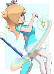 Rule 34 | 1girl, absurdres, blonde hair, blue background, blue eyes, blue shirt, border, breasts, closed mouth, crown, earrings, expressionless, eyelashes, floating, from side, gloves, golf club, gonzarez, gradient shirt, hair over one eye, hand up, highres, holding, holding golf club, holding wand, jewelry, levitation, lips, long hair, looking at viewer, mario (series), mario golf, mario golf: super rush, medium breasts, nintendo, pantyhose, polo shirt, rainbow, rosalina, see-through, see-through silhouette, see-through skirt, shirt, short sleeves, single glove, skirt, solo, star (symbol), star earrings, starry background, telekinesis, wand, white border, white gloves, white pantyhose, white shirt, white skirt