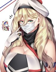 Rule 34 | 2girls, beret, blonde hair, blue eyes, blue hair, breasts, cleavage, commandant teste (kancolle), dress, gloves, hair between eyes, hat, highres, kantai collection, kome cola, large breasts, long hair, mask, mole, mole under eye, mouth mask, multicolored clothes, multicolored hair, multicolored scarf, multiple girls, pom pom (clothes), red hair, richelieu (kancolle), scarf, simple background, streaked hair, surgical mask, white background, white hair, white headwear