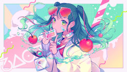 Rule 34 | 1girl, bag, bandaid, bandaid on cheek, bandaid on face, cherry, collar, collarbone, commentary request, covered mouth, eyewear on head, food, fruit, green eyes, green hair, hands up, holding, ice cream, ice cream float, index finger raised, jacket, long sleeves, looking at viewer, nou (nounknown), open clothes, open jacket, original, outside border, puffy long sleeves, puffy sleeves, red-tinted eyewear, red shirt, shirt, shoulder bag, sleeves past wrists, solo, sunglasses, teardrop-framed glasses, tinted eyewear, two side up, upper body, water, white-framed eyewear, white jacket